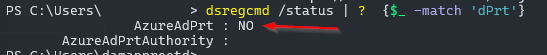 dsregcmd /status showing AzureAdPrt NO