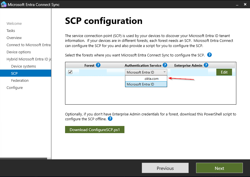 Entra Connect SCP Configuration — Authentication Service dropdown showing Okta