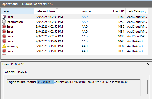 Event Viewer showing Okta WS-Trust errors